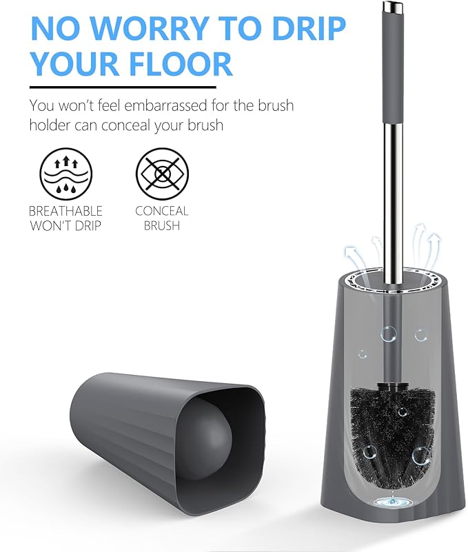SetSail Toilet Brush, Compact Size Toilet Bowl Brush and Holder Toilet Brushes for Bathroom with Stainless Steel Handle Toilet Cleaner Brush with Durable Scrubbing Bristles, 2 Packs-Gery