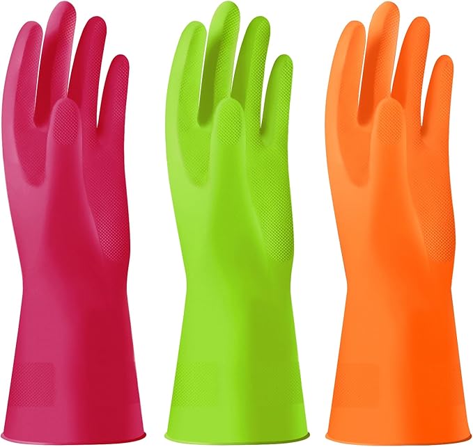 Alimat PluS 3 Pack Reusable Cleaning Gloves Latex Free, Dishwashing Rubber Gloves for Cleaning, Waterproof Household Gloves for Laundry, Gardening (Small, Without Liner)