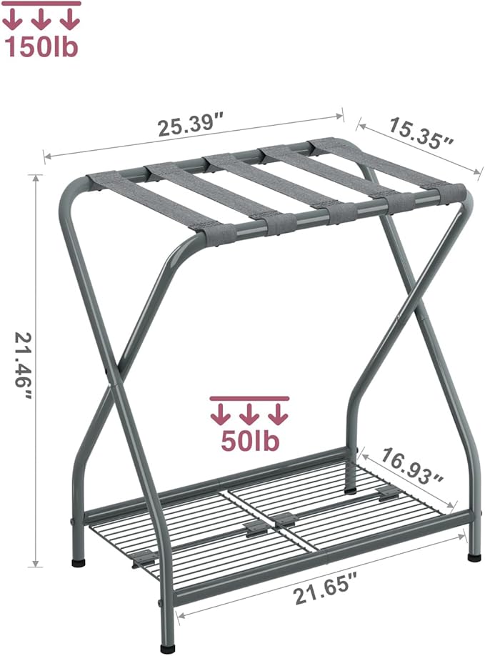 1-Piece Foldable Gray Luggage Rack Stand with Storage Shelf – Heavy Duty Metal Suitcase Holder, 150 lbs Top, 50 lbs Bottom, Fits 20”-28” Luggage – Guest Room, Bedroom, Hotel LR-GY-1