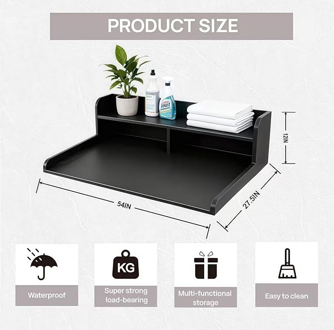 2-Tier Washer and Dryer Countertop, 54" W x 27.6" D Laundry Room Organization,Washer Dryer Topper Storage for Folding Clothes Over Washer and Dryer-Black