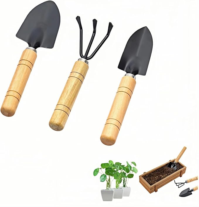 3-Piece Mini Garden Tool Set, Indoor Plant Care Kit with Wood Handle, Black Iron Tools for Potting, Transplanting and Cultivating, Compact Succulent and Houseplant Tools,Small Shovel, Trowel, Rake