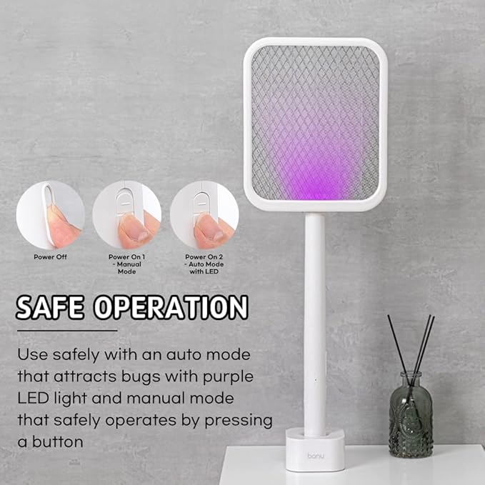 BANU Electric Fly Swatter Bug Zapper Racket, 180-Degree Folding, Adjustable 2-in-1 Mosquito Killer Lamp, Rechargeable 1200mAh Battery, 3-Layer Safety Mesh, Suitable for Indoor and Outdoor Use