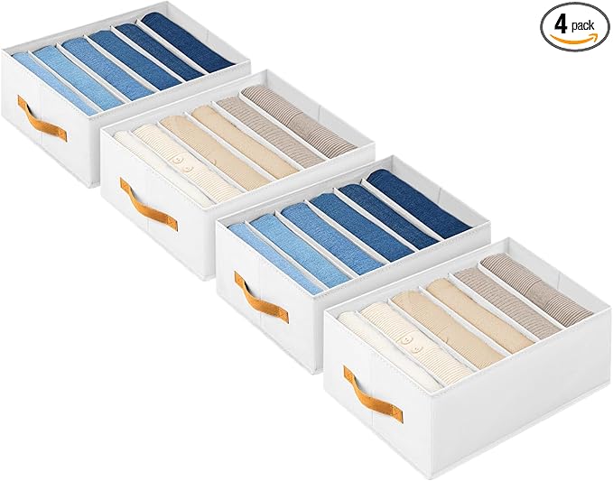 DIMJ Large Wardrobe Clothes Organizer - 4 Packs Fabric Closet Storage Organizer with Handles, Foldable Closet Organizers Dividers for Clothing Jeans Pants Sweater T-shirt