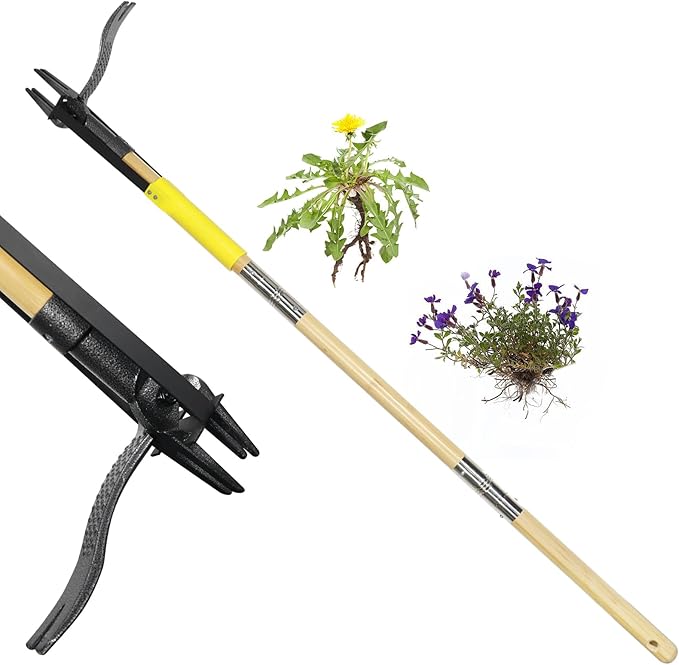 Weed Puller Tool with Long Handle,44'' Heavy Duty 4-Claw Stand Up Garden Weeding Tool-Double Weeding Technique,Weed Remover Tool That not Body Bending（Ergonomic）
