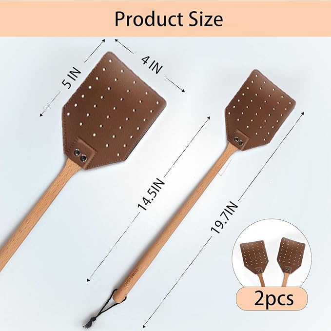 Fly Swatter Set - 2 Pack Wooden Leather Fly Swatter with Hanging Rope, Heavy Duty Fly Swatter for Indoors and Outdoors (2 Brown)