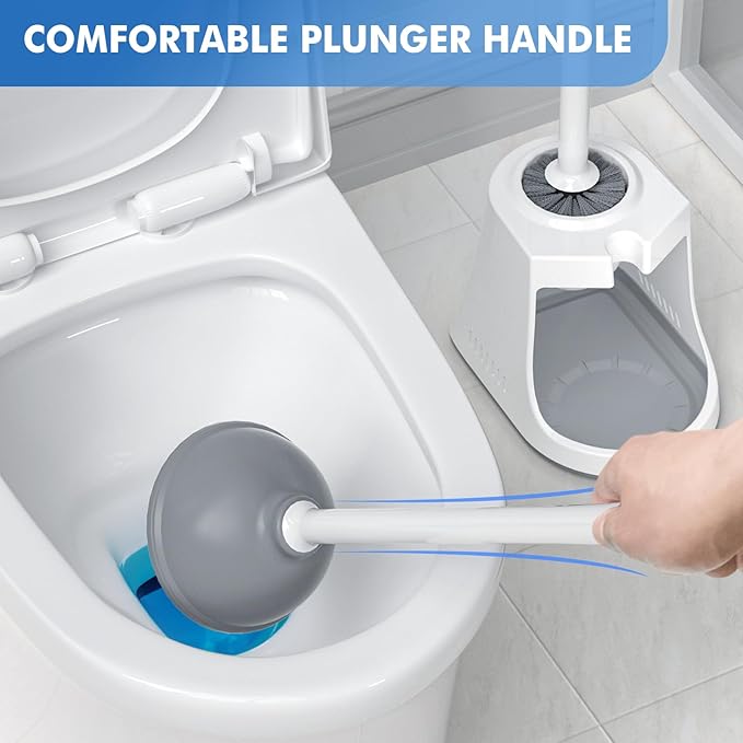 Toilet Plunger and Brush with Holder, Bowl Brush and Heavy Duty Toilet Plunger Set with Ventilated Holder, 2-in-1 Toilet Brush and Plunger Combo for 5.3-inch Toilet Drain New Pack (White, 1)