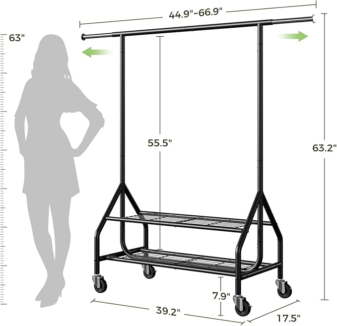 Holiwei Clothes Rack with 2 Shelves, Heavy Duty Garment Rack Load 450 LBS, Standing Rolling Metal Hanging Clothes with Sturdy Wheels & Shelves