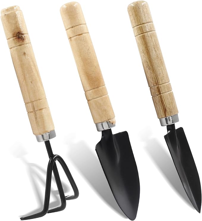 Waziaqoc 3Pcs Mini Garden Tools, Small Indoor Gardening Tools Includes Hand Shovel, Transplant Spade, Hand Rake with Wood Non Slip Handle for Plant Succulent, Flower, Vegetables