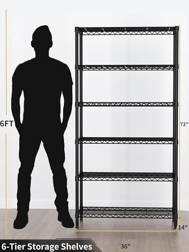 Golpart 6 Tier Adjustable Storage Shelves,Heavy Duty Metal Utility Shelf 1500LBS Capacity Wire Shelving Unit Organizer Rack for Home Kitchen Pantry Room 14" D x 36" W x 72" H Black