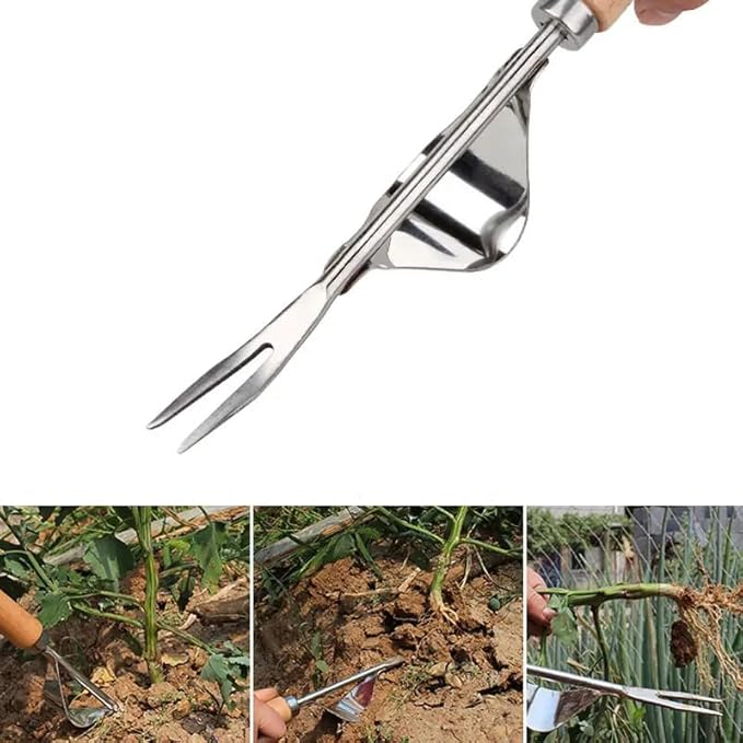 Comimark 1pc Wood Handle Stainless Steel Garden Weeder, Hand Weeding Removal Cutter Puller Tools, Multifunction Weeder Transplant