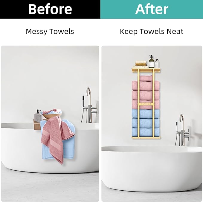 STWWO Bathroom Towel Storage Rack for Bathroom, 30 inch Towel Racks Wall Mounted with Shelf Can Holds 6 Large Towels, Wall Towel Rack for Rolled Towels, Gold