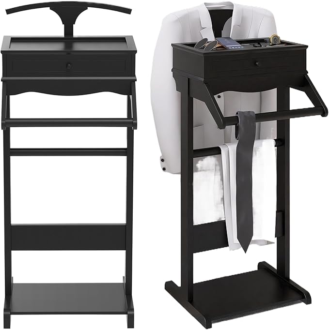 Wood Mens Valet Stand,Freestanding Suit Stand&Clothes Butler Valet Stand with Hanger,Tie&Belt Hooks,Shoe Rack,Storage Organizer for Keys,Watches,Wallet,Jewelry in Entrance,Bedroom (Styel 3, Black)
