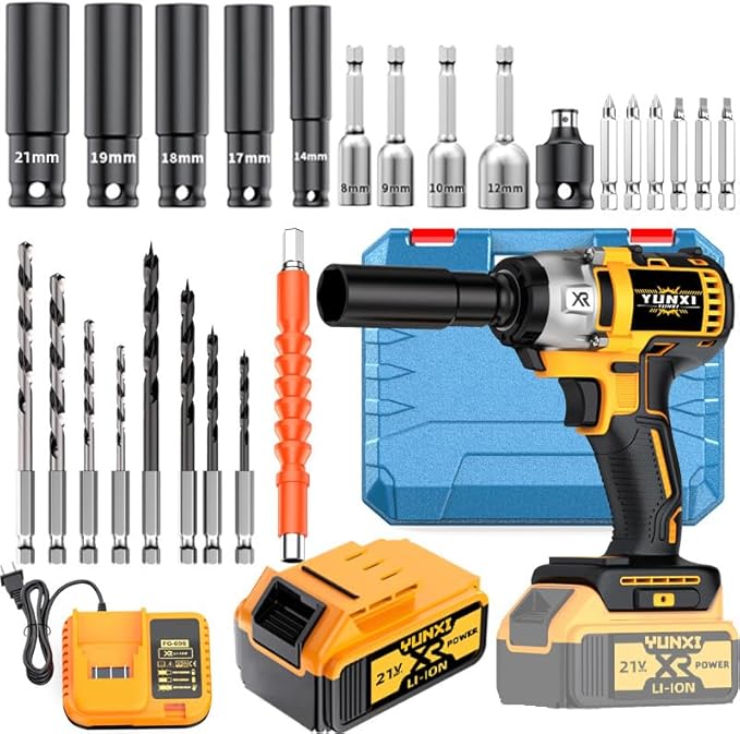 Wireless impact electric wrench kit, impact drill with charger, lithium-ion battery, portable quick charger - suitable for home and car maintenance and repair (Battery * 1+plastic box)