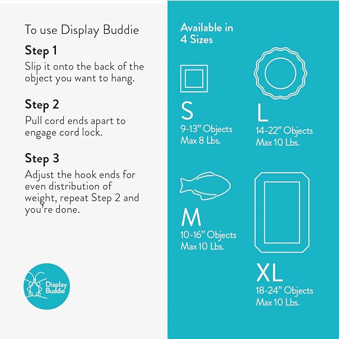 Display Buddie Adjustable Wall Plate Hanger - Secure For Oval Square Round Rectangle Wall Display - Steel - Silicone Hooks - Small 9"-13" up to 8 lbs
