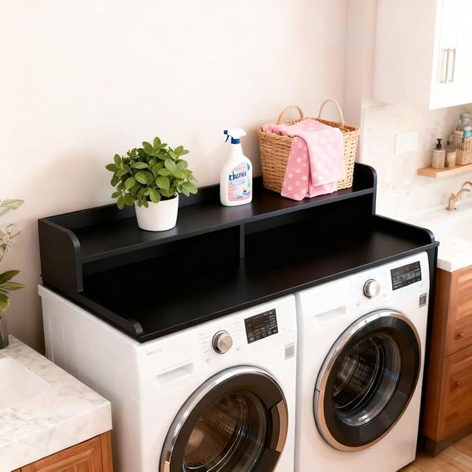 2-Tier Washer and Dryer Countertop, 54" W x 27.6" D Laundry Room Organization,Washer Dryer Topper Storage for Folding Clothes Over Washer and Dryer-Black