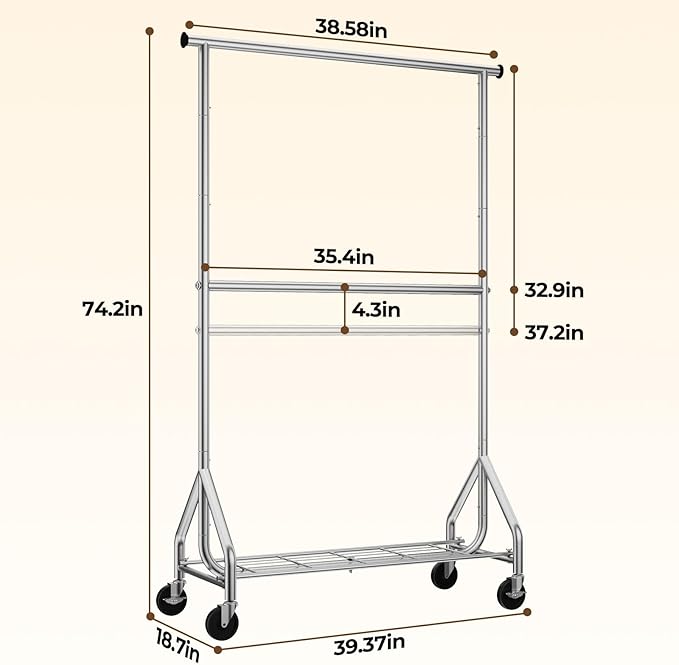 HYSEYY Heavy Duty Clothes Rack, Double Rod Clothing Rack for Hanging Clothes, Rolling Garment Rack, Adjustable Freestanding Wardrobe Closet Coat Rack for Bedroom Laundry Living Room, Silver