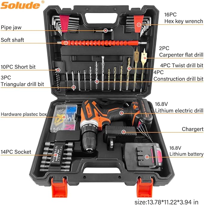 SOLUDE 16.8V Max Cordless Drill Driver Kit,Electric Power Drill Set with 2 Pack 3000mAh Li-ion Battery,3/8 Inch Keyless Chuck,Variable Speed,18+1 Position and 55pcs Drill/Driver Bits