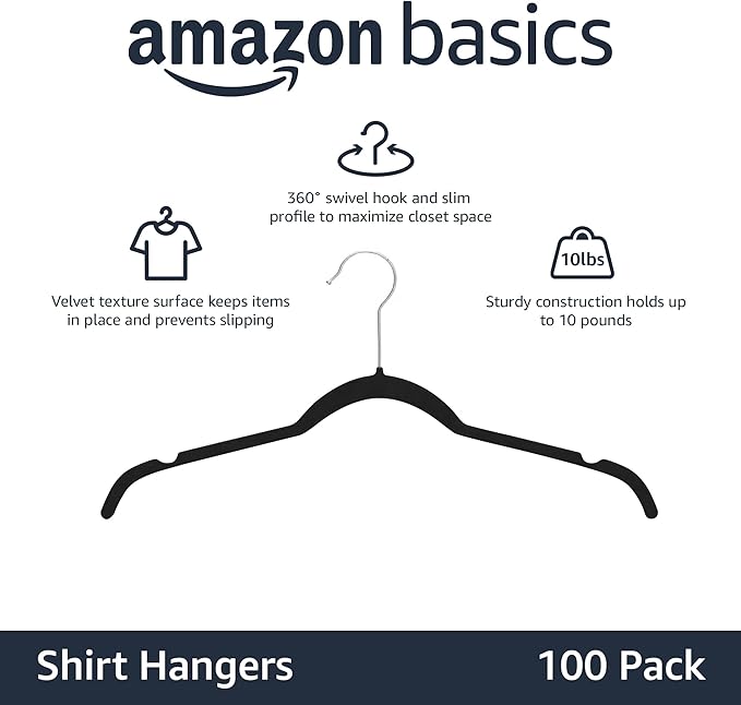 Amazon Basics Slim, Velvet, Non-Slip Shirt Clothes Hangers, Pack of 100, Black