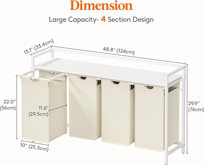 Lifewit Laundry Hamper 4 Section, 168L Pull out Laundry Clothes Basket Organizer with Large Top Shelf and 4 Removable Bags and Handles for Laundry Room Bedroom Bathroom, White with A Shelf