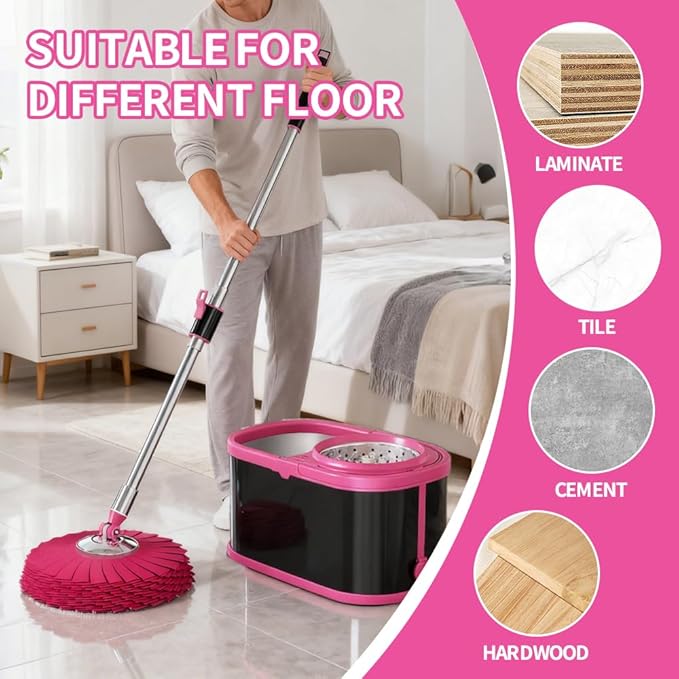 Stainless Steel Spin Mop and Bucket with Wringer Set for Home,360° Mop and Bucket with Separate Clean and Dirty Water,Wet Dust Mop for Floor Cleaning with Extra Refills (Black Pink)