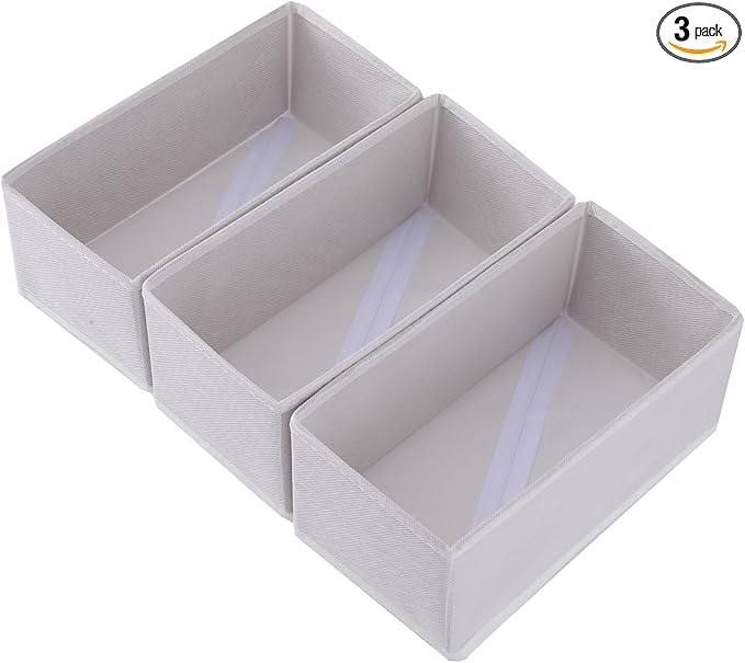 Bructhun Sock Drawer Organizer 3 Pack - Collapsible Fabric Storage Bins for Underwear Divider, Small Closet Organizers with 3 Compartments, Raw White