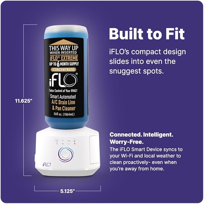 iFLO® Smart A/C Drain Line Cleaner and Drain Pan Cleaner Cartridge Concentrate, Fast-Acting, Long-Lasting HVAC System Solution for Tough Clogs & Buildup, 6-Month Supply per Bottle, 3 Pack of 36oz