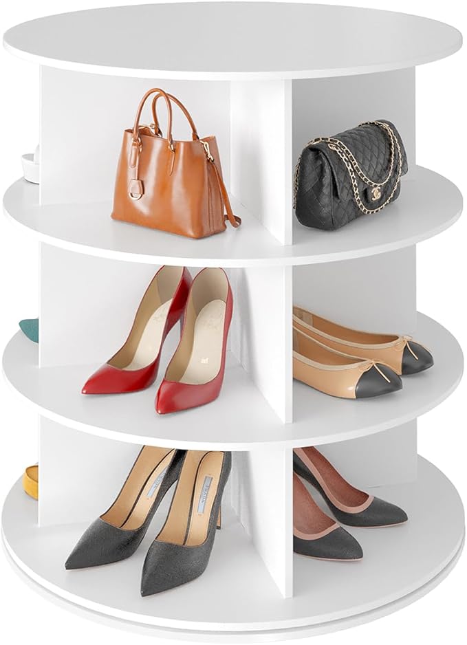 SpaceAid 3 Tier Rotating Shoe Rack Tower, Spinning Shoe Display Lazy Susan, Revolving 360 Shoe Rack Storage Round Carousel, Vertical Handbag Rotate Shoes Closet Organization (3-Tier White)