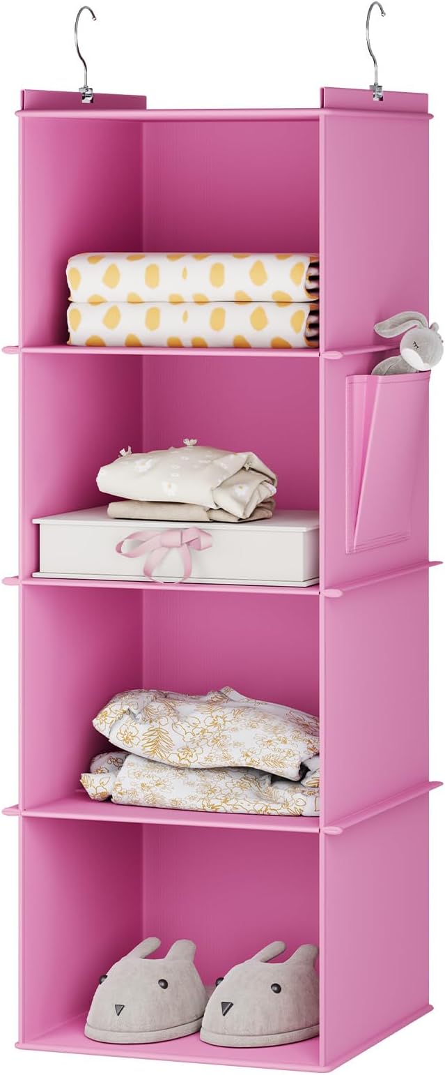 YOUDENOVA Hanging Closet Organizer, 4-Shelf Closet Hanging Storage Shelves, Light Pink