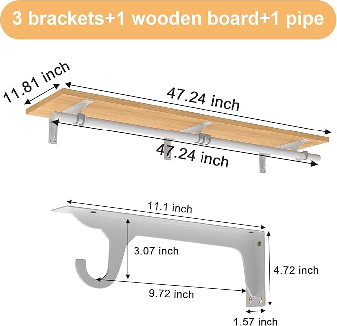 Wall Mounted Clothes Rack - Solid Wood Closet Storage System with Removable Shelves & Hanging Rods, 47.2in Space Saving Organizer for Bedroom, Walk-in Closet (1 Pack)