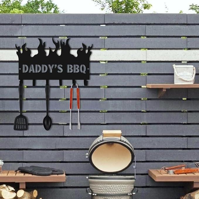Generic Personalized BBQ Cooking Utensils Wall Hooks Rack for Dad Custom Grilling Tool Organizer Barbecue Tool Metal Storage Holders Grill Cutlery Hanger Father's Day Utensils Hanging Hooks (Style 2)
