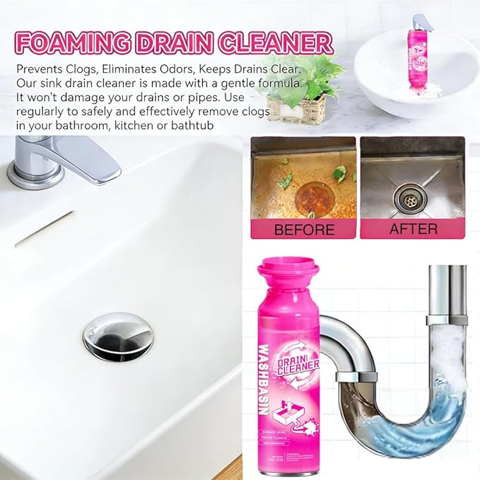 Foaming Drain Cleaner (2 Pack), Sink Clog Remover and Deodorizer for Bathroom & Kitchen, Pipe Deep Cleaning Foam for Bathtub, Shower, Washbasin, Dissolves Hair, Grease & Soap Scum to Fix Slow Drains
