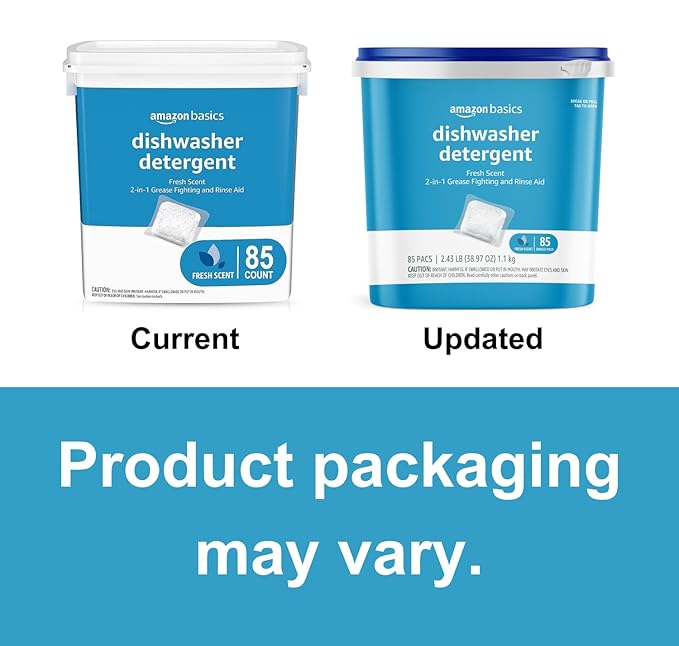 Amazon Basics Dishwasher Detergent Pacs, Fresh Scent, Cuts Grease, Rinses Clean, Removes 24HR Dried-On Stains, 85 Count (Previously Solimo)