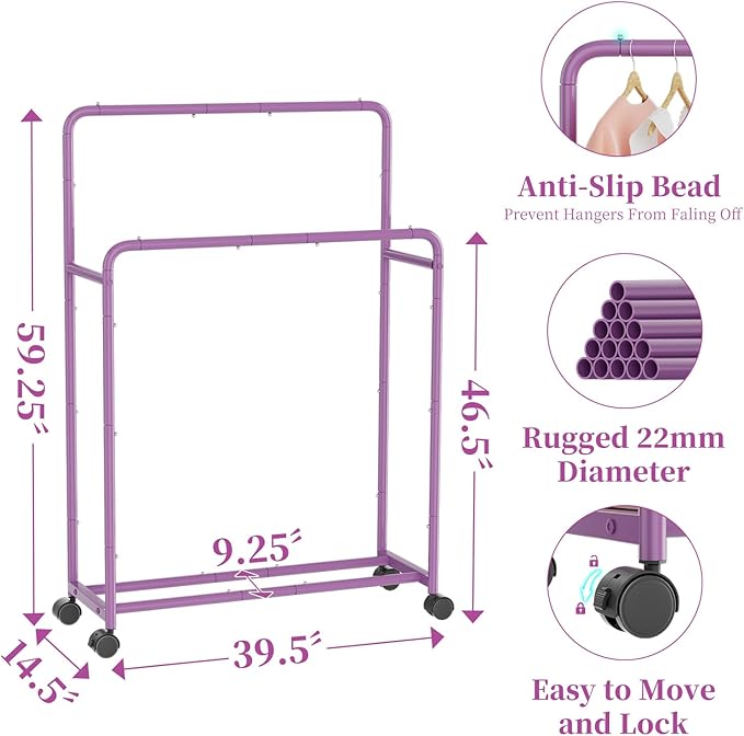 Simple Trending Clothing Clothes Rack Double Rods with Wheels, Rolling Metal Garment Rack for Hanging, Purple