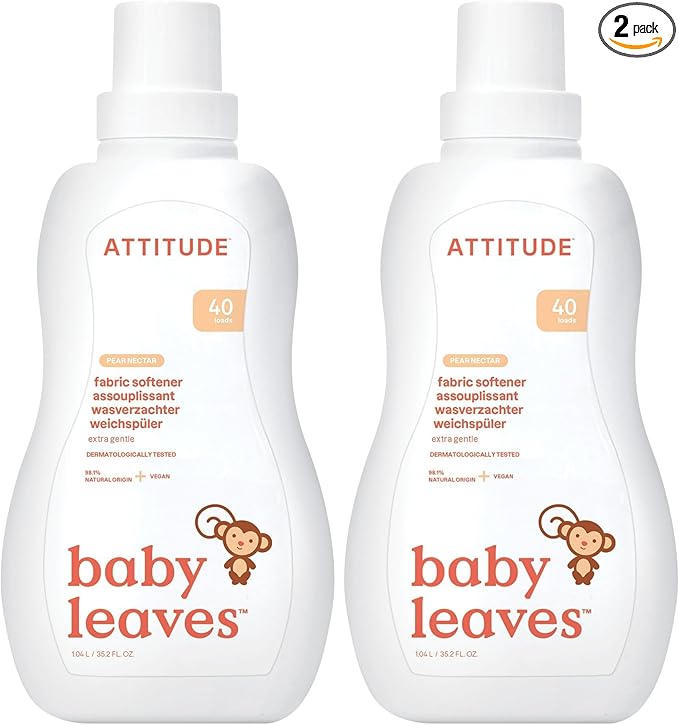 ATTITUDE Baby Laundry Fabric Softener, Plant and Mineral-Based Ingredients, Vegan and Cruelty Free Household Products, Pear Nectar, 40 Loads, 33.8 Fl Oz (Pack of 2)