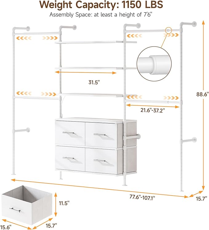 T3 Closet System with Stepless Dimmable LED Light, Industrial Pipe Clothing Rack with 4 Drawers, 6 Wooden Shelves & 4 Telescopic Rods, Heavy Duty Closet Organizers in Wardrobe Closet (White)