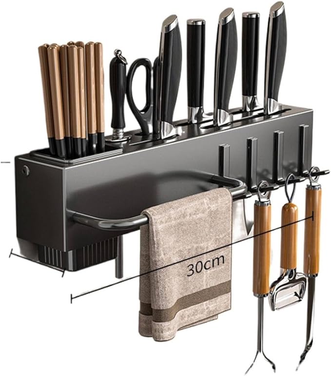 New Multi-Functional Kitchen Rack Home Wall-Mounted Knives Chopstick and Spoon Storage Rack Punch-Free cookware draining Rack, 30, Black