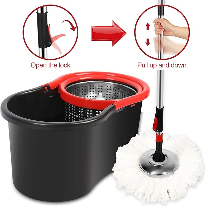 Spin Mop and Bucket with Wringer Set, 3 Washable Microfiber Pads Included for Floor Cleaning, Adjustable Stainless Steel Handle (XS-Black)