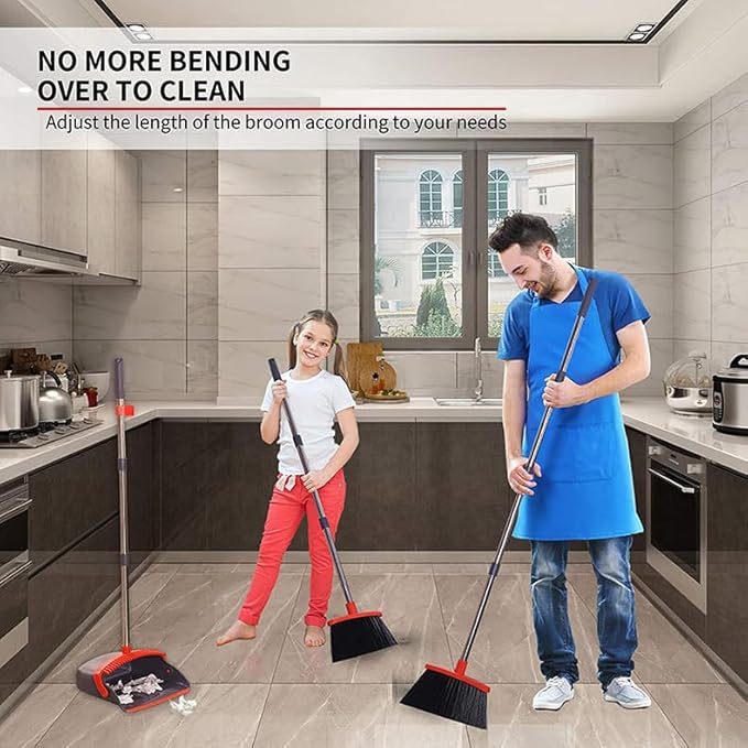 2-Pack is More economical,Brooms with Dustpan Combo Set， with 52" Long Handle, Dustpan Teeth with self-Cleaning Function, Indoor and Outdoor Sweeping, Perfect for Home Office (Large/Red /2-Pack)