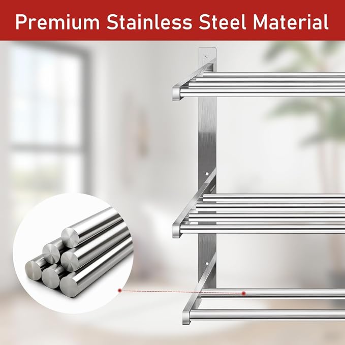 Towel Rack with Shelf 24 inch, 3 Tier Towel Racks for Bathroom Wall Mounted, Stainless Steel Bathroom Shelf with Double Towel Bars, Hotel Bath Towels Storage, Brushed Nickel