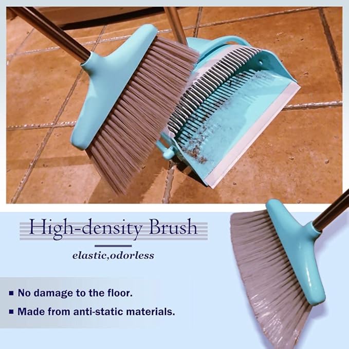 Broom and Dustpan Set Lightweight Upright Lobby Broom and Dust Pan Combo with Long Handle Outdoor Indoor for Home Kitchen Room Office (Blue)