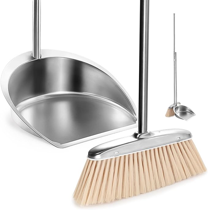 Broom and Dustpan Set with Long Handle, Heavy Duty Broom with Dustpan Combo Set, Windproof Upright Stainless Steel Dust Pan with Kitchen Brooms for Home Office Lobby Indoor Outdoor Use, Khaki