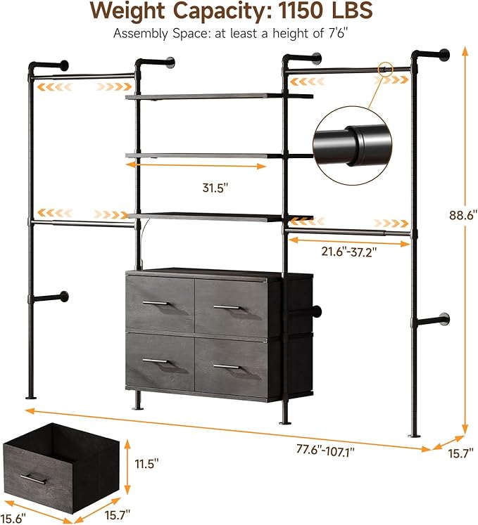 T3 Closet System with Stepless Dimmable LED Light, Industrial Pipe Clothing Rack with 4 Drawers, 6 Wooden Shelves & 4 Telescopic Rods, Heavy Duty Closet Organizers in Wardrobe Closet (Black Gray Oak)