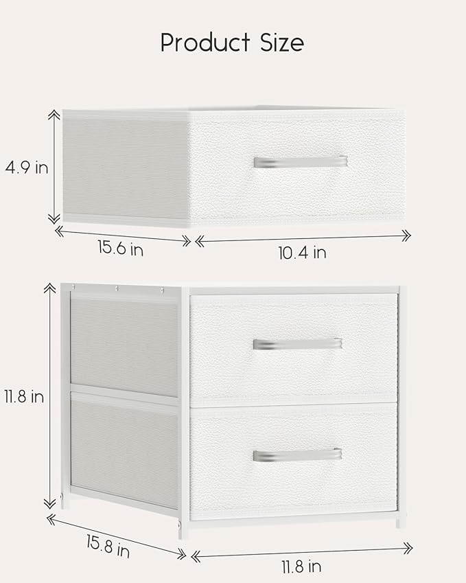 Homsorout Stackable Storage Drawers - 2 Tier Closet Drawers, Closet Organizer with Metal Handles, Night Stand with Collapsible Bins, Fabric Dresser for Bedroom, Dorm, Office, White, 2 Pack