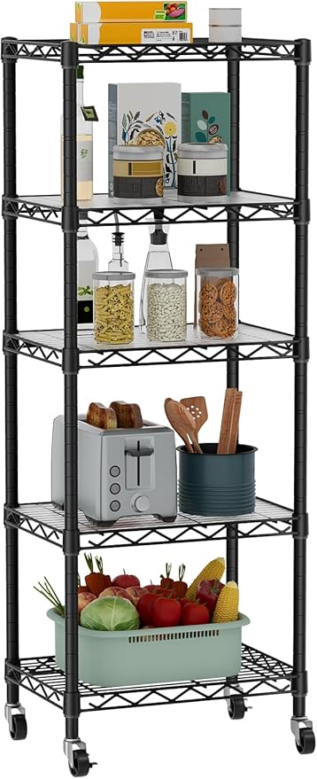 Golpart Small 5 Tier Shelves Storage Wire Shelving Unit Metal Shelf Adjustable Organizers Storage Shelving with Wheels for Bathroom Laundry Room Kitchen Pantry12”D x 18”W x 57.2”H Black