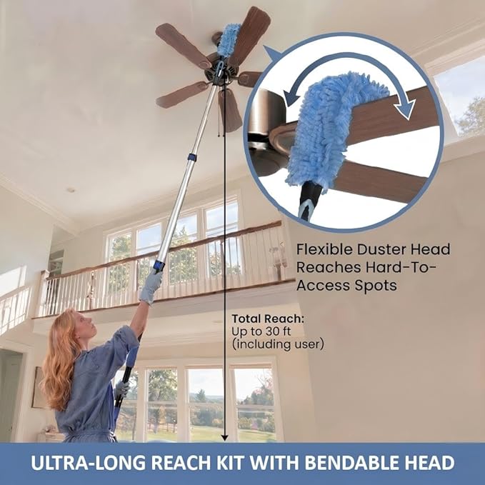 30ft High Ceiling Duster Kits with 5-24ft Heavy Duty Extension Pole - Fan Blade Cleaner, Cobweb Remover & Blue Window Squeegee Kit, Washable Dust Brush for High Roof and Glass Surfaces