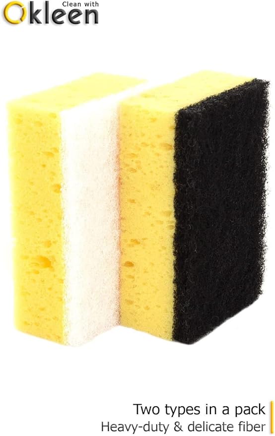 Yellow Multi Use Scrub Sponge. Made in Europe. 9 Pack, 4.3x2.8x1.4 inches. Odorless Heavy Duty and Non Scratch Fiber. Durable and Delicate Scrubber for Hard Dirty Surfaces in Daily Cleaning