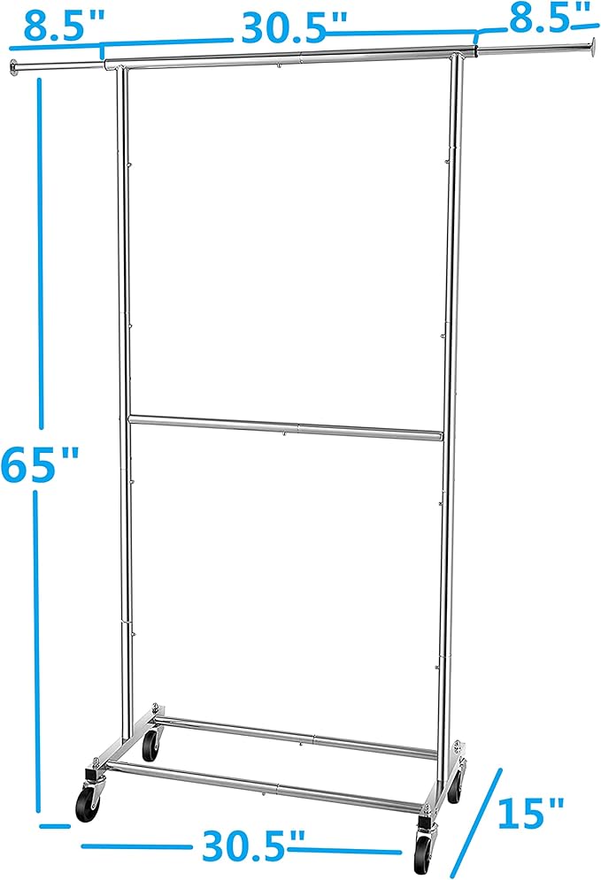 Simple Trending Double Rod Clothing Garment Rack, Rolling Clothes Organizer on Wheels for Hanging Clothes, Chrome
