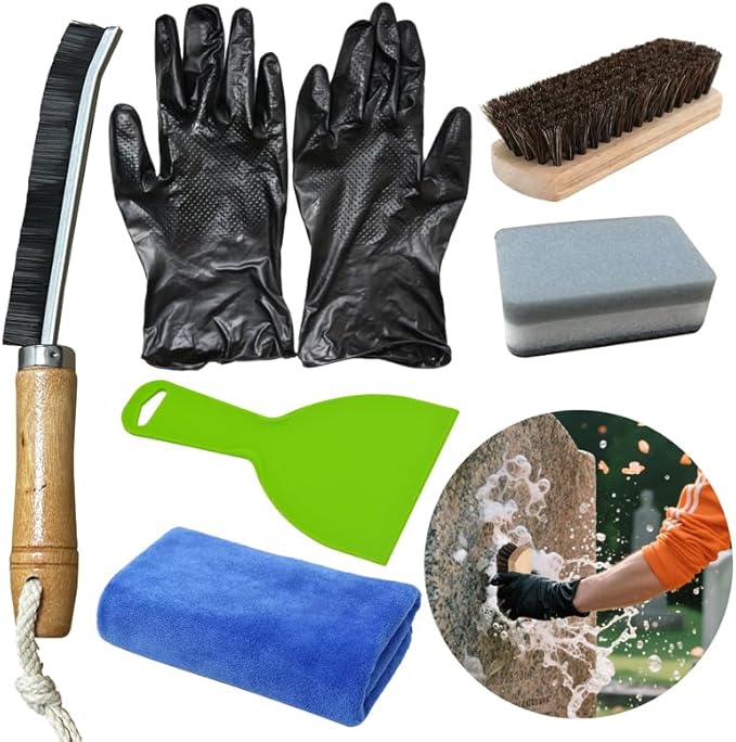 Headstone Cleaner Kit for Grave Cleaning, Cemetery Granite Gravestone Cleaner Tools, Tombstone Grave Cleaning Kit with Wooden Brush, Bristle Crevice Brush, Towel, Sponge, Scraper, Gloves