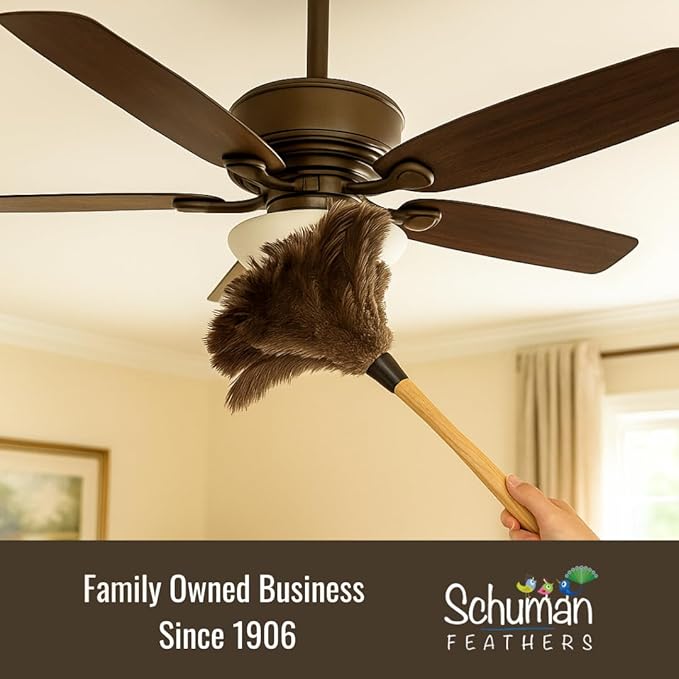 Feather Duster with Ostrich Feathers Wooden Handle 14" – Natural Reusable Duster for Cleaning, Furniture & Shelves, Blinds, Ceiling Fan, Dusting Tool for Home, Office, Delicate Surfaces - 1 Pack
