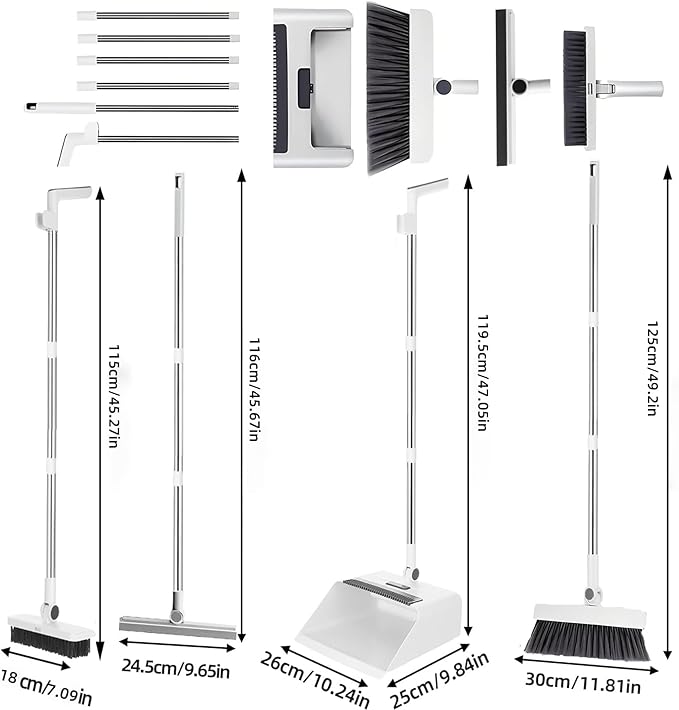 SDSM Broom with Dustpan Combo Set, 4 in 1 Multifunctional Broom and Dustpan with 52" Long Handle, Concealed Squeegee and Cleaning Brush, for Clean Home Kitchen Bathroom Office, Indoor Outdoor Floor